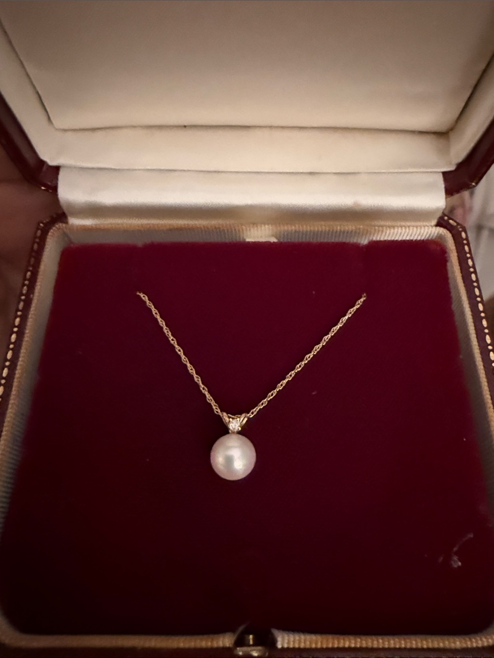 Classic White Pearl and Diamond Pendant Necklace in 14 k  Gold